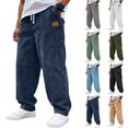 thumbnail image 1 of Men's Vintage Corduroy Drawstring Pants with Embroidered Label - Loose Fit Straight Leg Casual Pants for Daily, Streetwear, and Light Outdoor ActivitiesBlue3XL, 1 of 7