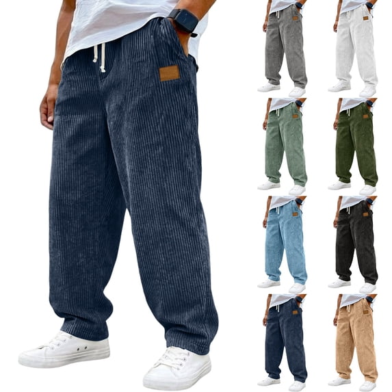 Men's Vintage Corduroy Drawstring Pants with Embroidered Label - Loose Fit Straight Leg Casual Pants for Daily, Streetwear, and Light Outdoor ActivitiesLight GreenL