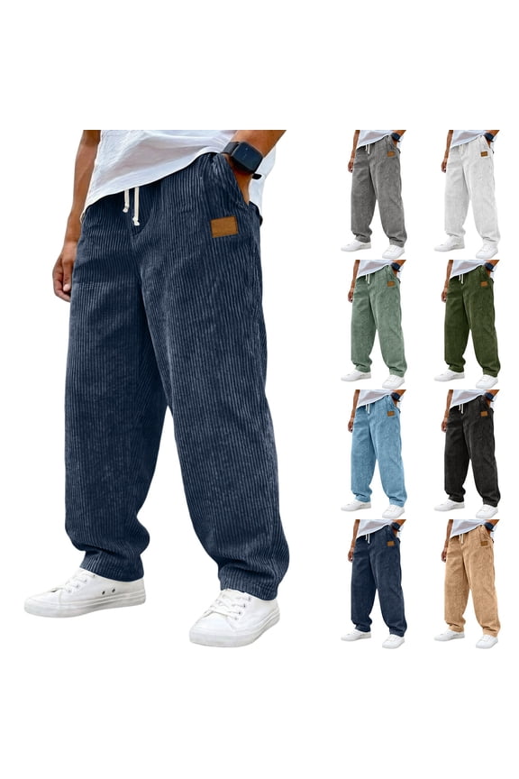 Men's Vintage Corduroy Drawstring Pants with Embroidered Label - Loose Fit Straight Leg Casual Pants for Daily, Streetwear, and Light Outdoor ActivitiesLight GreenXL