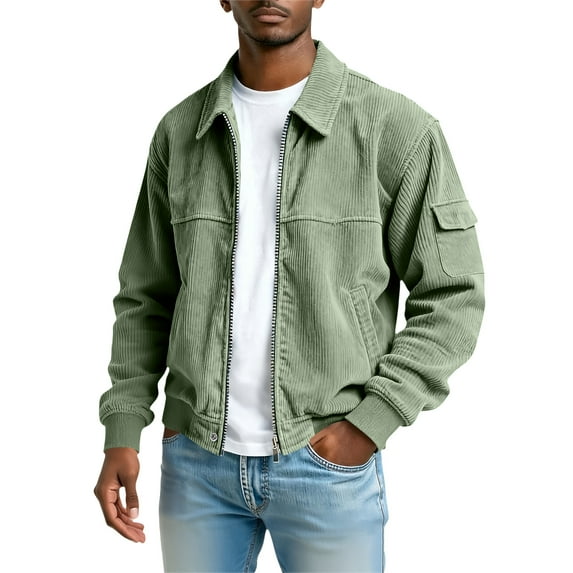 Men's Vintage Corduroy Fashionable Casual Long-Sleeve Pocket Jacket, Army Green, Size L