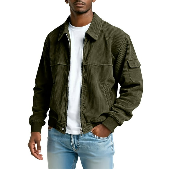 Men's Vintage Corduroy Fashionable Casual Long-Sleeve Pocket Jacket, Dark Green, Size L