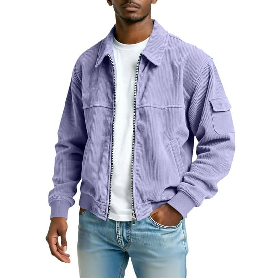 Men's Vintage Corduroy Fashionable Casual Long-Sleeve Pocket Jacket, Light Purple, Size XXL