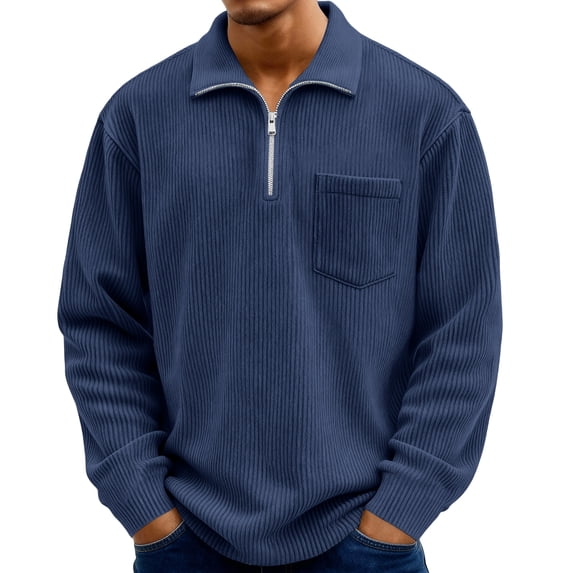 Men's Vintage Corduroy Long-Sleeve Top | Zip-Up Stand Collar Stylish Casual Shirt For Daily & Outing Wear, Size: S-5XL