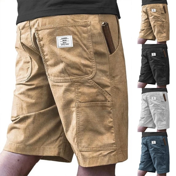 Men's Vintage Corduroy Shorts Elastic Waist Drawstring Cargo Short Multi-Pocket Lightweight Summer Casual Beach Shorts Black L