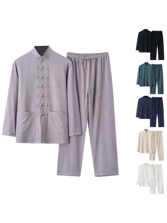 Men's Vintage Cotton Linen Tang Suit Comfortable Chinese Traditional Mandarin Collar Kung Fu Shirts Long Sleeve Tai Chi Outfits, Morning Exercise