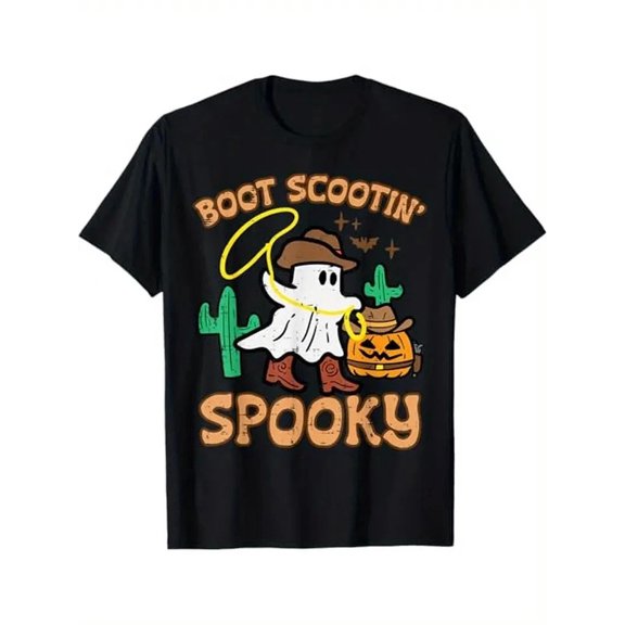 Men's Vintage Cotton T-Shirt - Spooky Halloween Graphic Print with Cowboy Boots