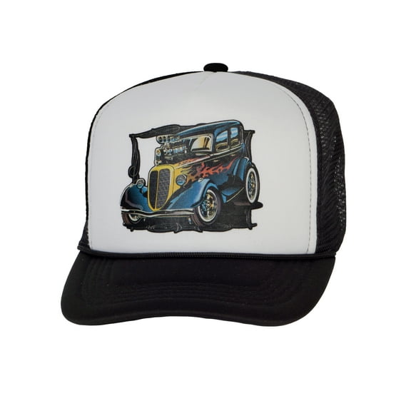 Men's Vintage Custom Hot Rod Hat Snapback Trucker Baseball Hat, Black/White