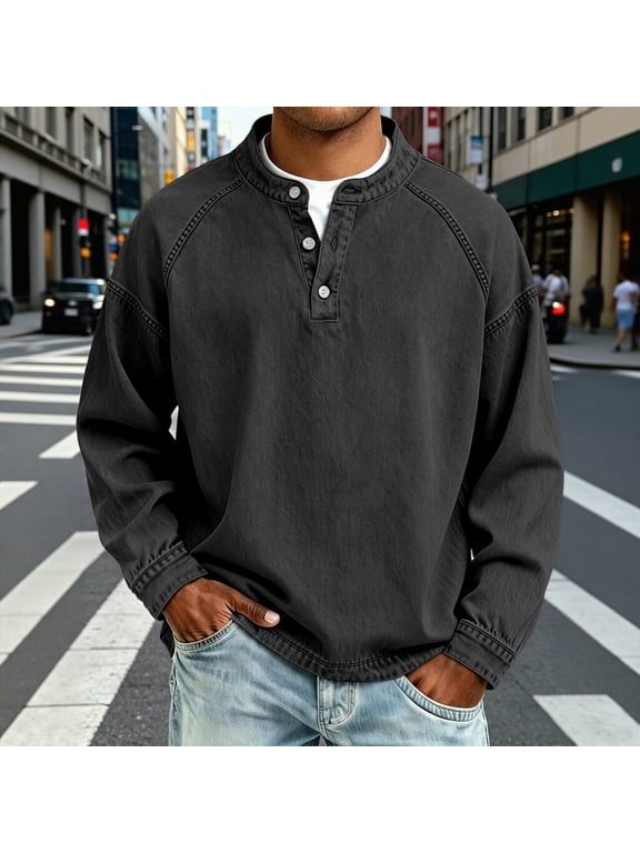 Men's Vintage Denim Henley Shirt Long Sleeve Raglan Sleeve Button Pullover Loose Fit for Daily Casual Street Wear(Black,L)