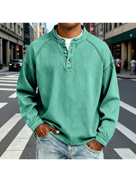 Men's Vintage Denim Henley Shirt Long Sleeve Raglan Sleeve Button Pullover Loose Fit for Daily Casual Street Wear(Green,XL)