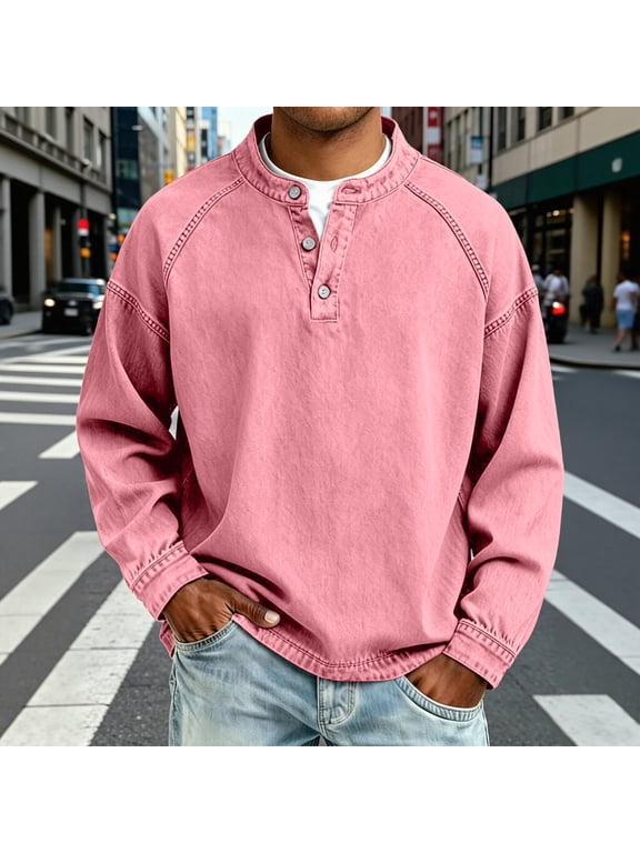 Men's Vintage Denim Henley Shirt Long Sleeve Raglan Sleeve Button Pullover Loose Fit for Daily Casual Street Wear(Pink,M)
