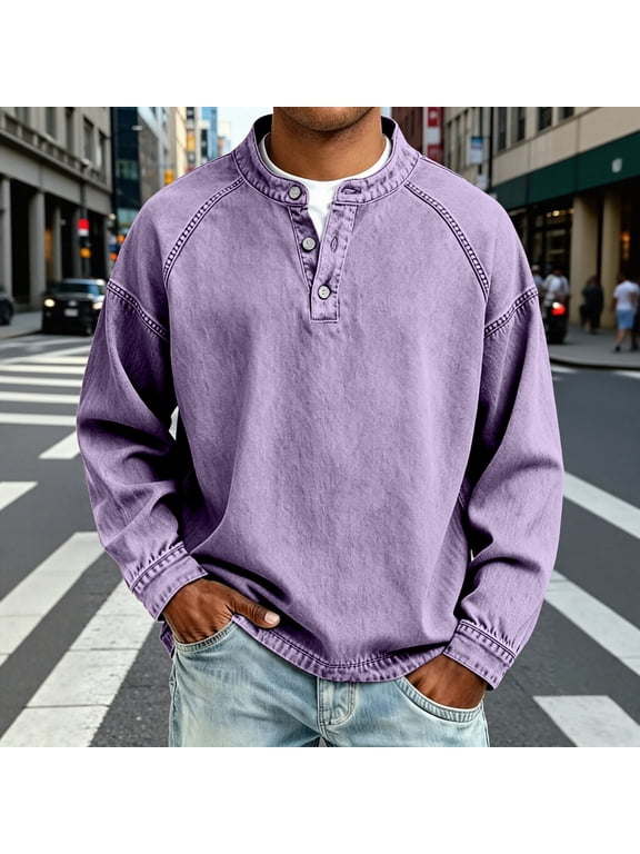 Men's Vintage Denim Henley Shirt Long Sleeve Raglan Sleeve Button Pullover Loose Fit for Daily Casual Street Wear(Purple,XL)