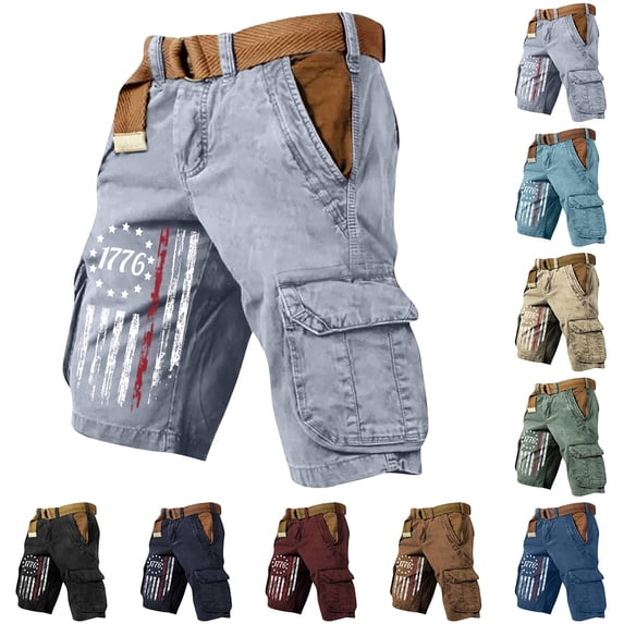 Men's Vintage Distressed Cargo Shorts with Ripped American Flag Print and Multi-Pockets Featuring Relaxed Fit Design for Summer Beach Fishing Hiking Black XL