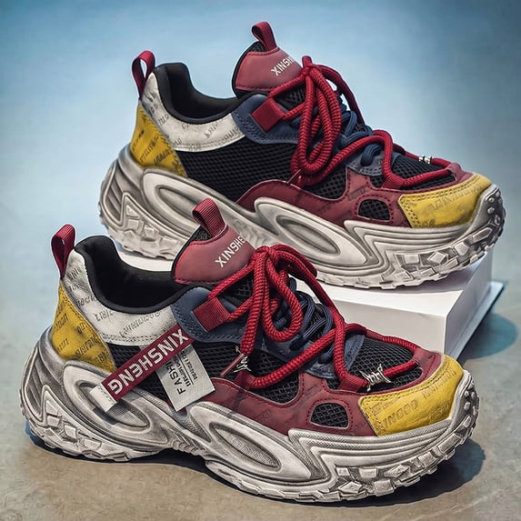 Men's Vintage Distressed Mesh Chunky Dad Sneakers Shock Absorbing Non Slip Rugged Sole Height Increasing Street Walking Shoes