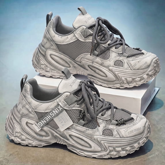 Men's Vintage Distressed Mesh Chunky Dad Sneakers Shock Absorbing Non Slip Rugged Sole Height Increasing Street Walking Shoes