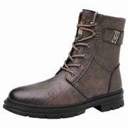 Men s Vintage Distressed Mid-Calf High-Top Combat Boots, Lace Up Side Buckle Casual Work Boots Biker Boots