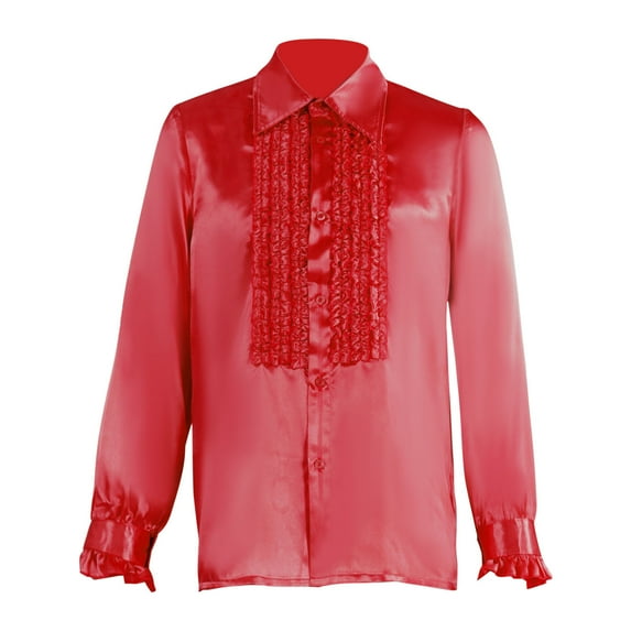 Men's Vintage Dress Shirt Solid Long Sleeve Satin Silk Ruffle Chest Stand Collar Button Down Retro 90S Party Blouse Top Red XXL