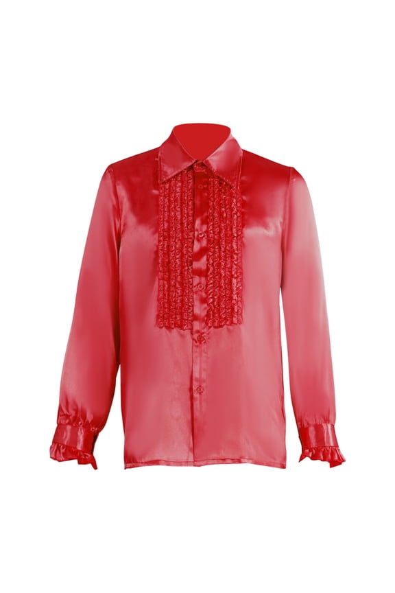 Men's Vintage Dress Shirt Solid Long Sleeve Satin Silk Ruffle Chest Stand Collar Button Down Retro 90S Party Blouse Top Red XXL
