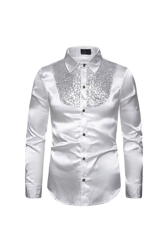 Men's Vintage Dress Shirt Solid Long Sleeve Satin Silk Ruffle Chest Stand Collar Button Down Retro 90S Party Blouse Top