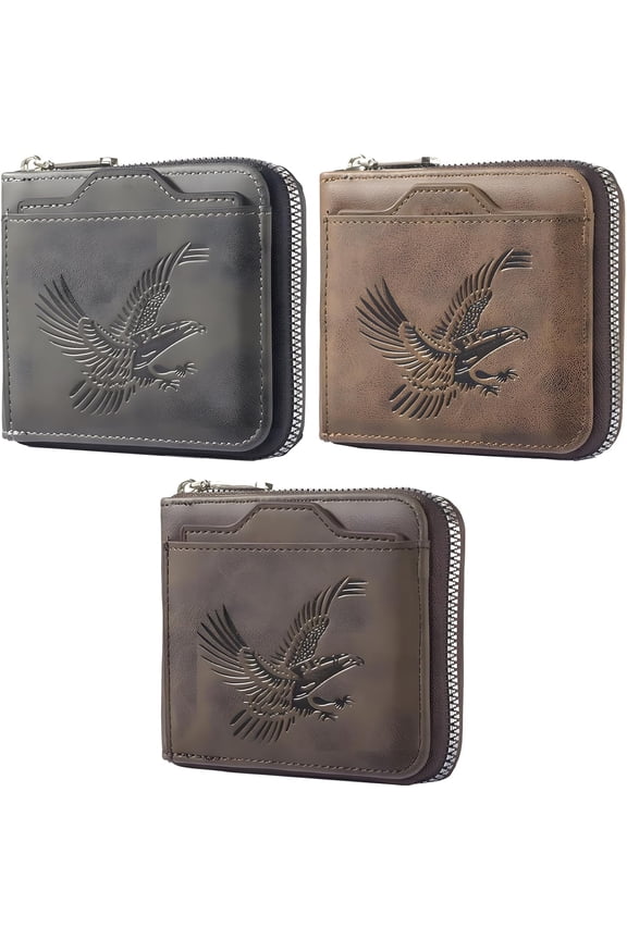 Men’s Vintage Eagle Embossed Slim Leather Wallet – Business Multi-Card Slot Zippered Short Wallet (3 color)Z
