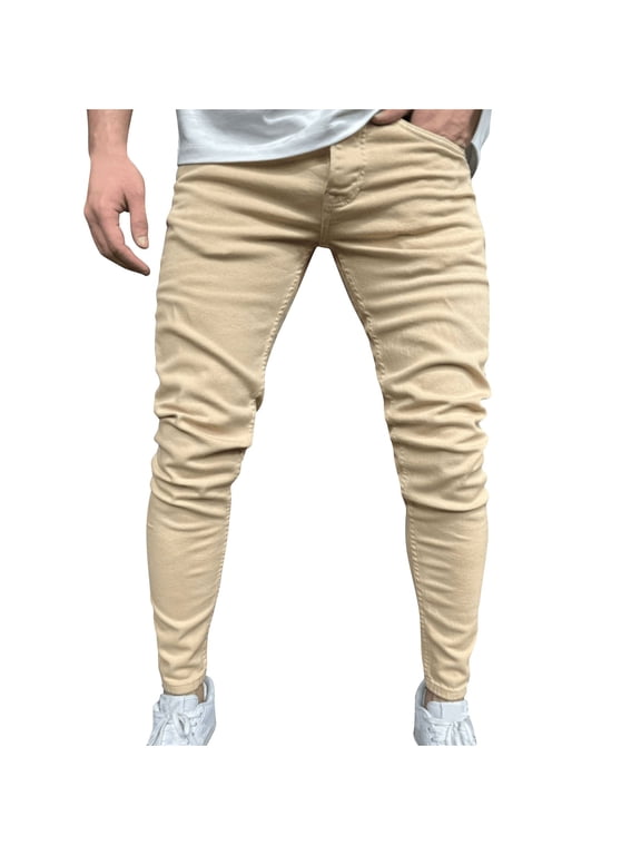 Men's Vintage Elastic Drawstring Waist Jeans Casual Straight Leg Denim Pants Yellow