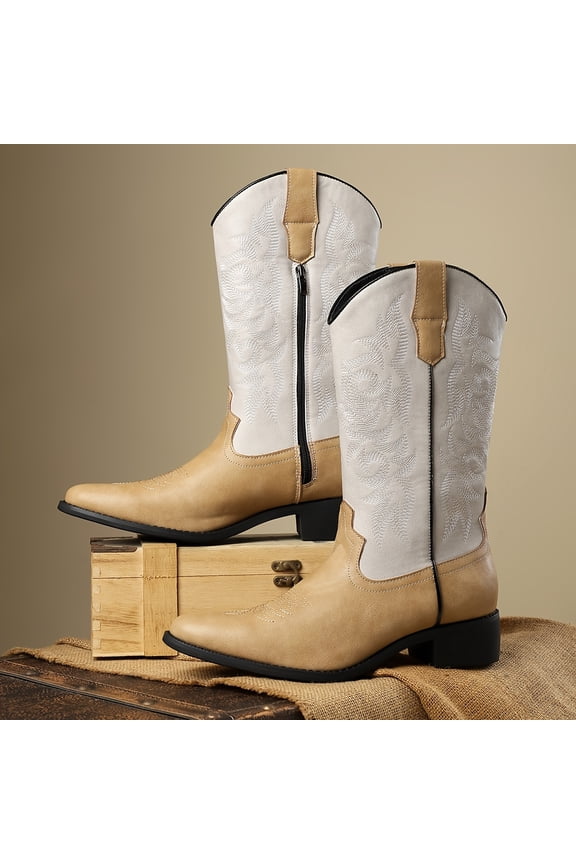 Men’s Vintage Embroidered Western Cowboy Boots Mid-Calf Pull-On Country Riding Boots with Stacked Heel for Rodeo Ranch Casual Everyday Wear