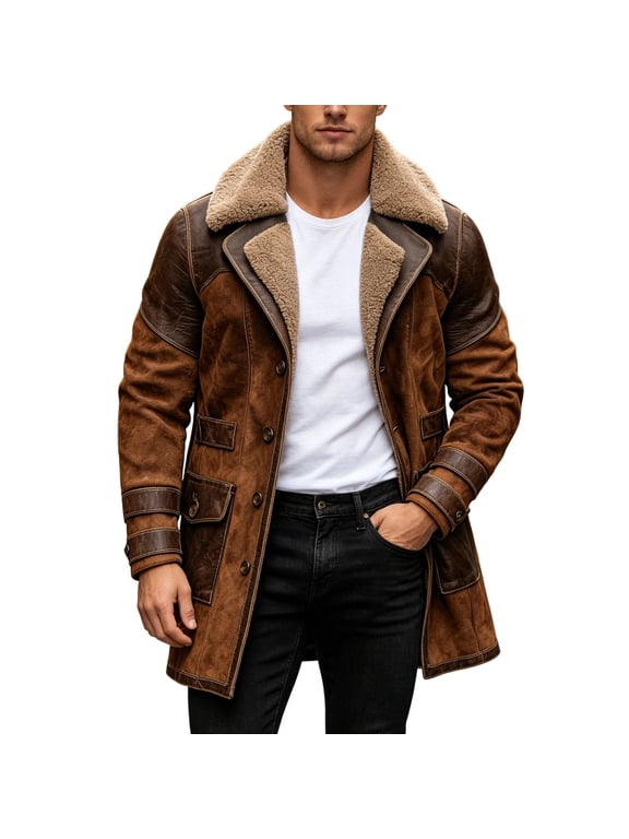 Men's Vintage Faux Leather Shearling Coat Sherpa Fleece Lined Jacket Heavyweight Thermal Trench Coats for Winter Outdoor Casual Wear Streetwear, Brown, XL