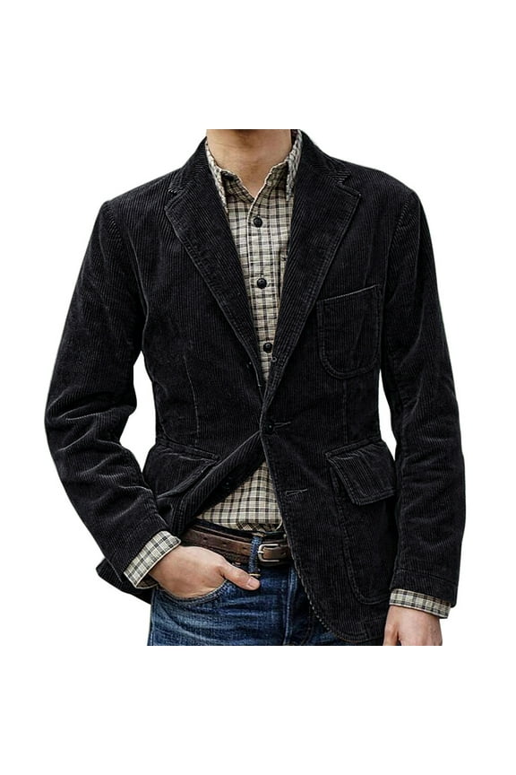 Men's Vintage Gentleman Business Work Wear Corduroy Suit Jacket Long Sleeve Sport Coat Single Breasted Formal Blazer