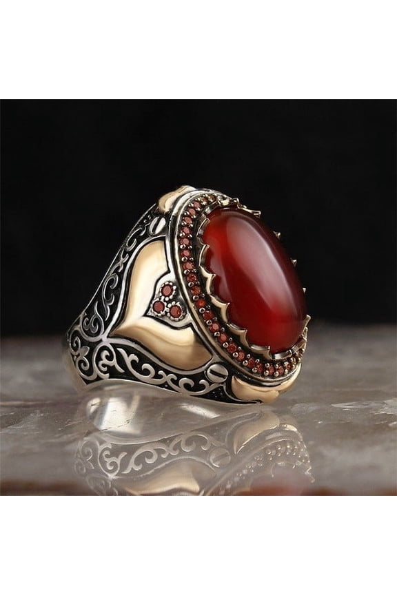 Men's Vintage Geometric Alloy Ring with Artificial Gemstone Inlay Engraved Design Ring for Men Alloy Statement Ring Geometric Pattern Ring Fashion Jewelry