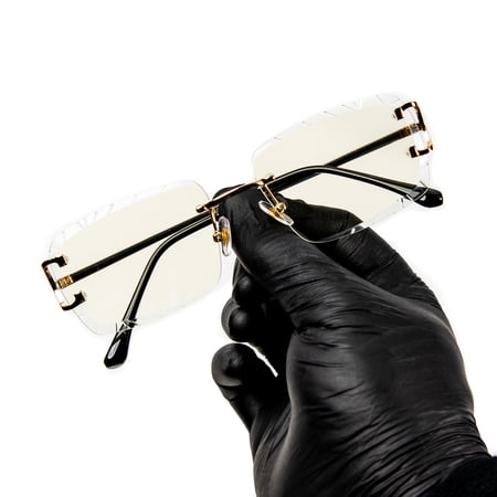 Men's Vintage Gold Frame Gem Cut Clear Lens Rimless Hip Hop Luxury Glasses