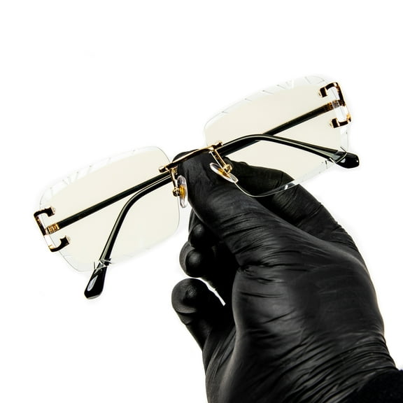 Men's Vintage Gold Frame Gem Cut Clear Lens Rimless Hip Hop Luxury Glasses