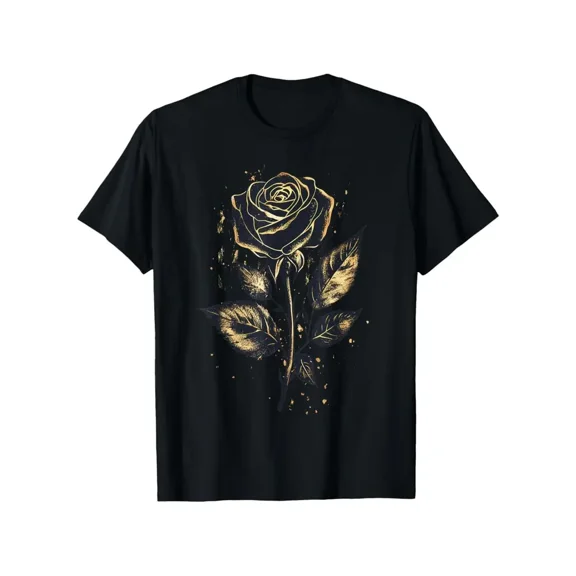Men's Vintage Golden Roses & Leaves Graphic Tee - Heavyweight All-Season Shirt with Elegant Floral design for Casual, Formal, Gym - Machine Washable Black T-Shirt, Vintage T