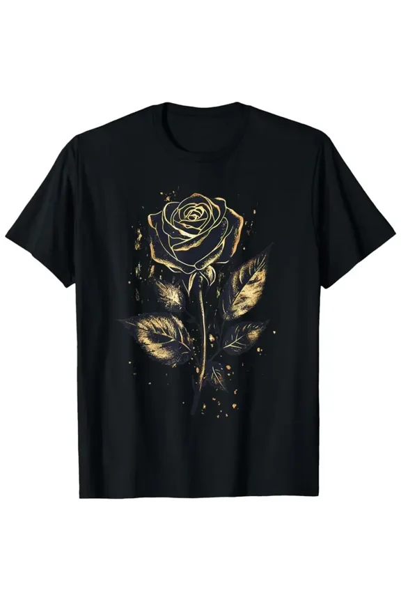 Men's Vintage Golden Roses & Leaves Graphic Tee - Heavyweight All-Season Shirt with Elegant Floral design for Casual, Formal, Gym - Machine Washable Black T-Shirt, Vintage T