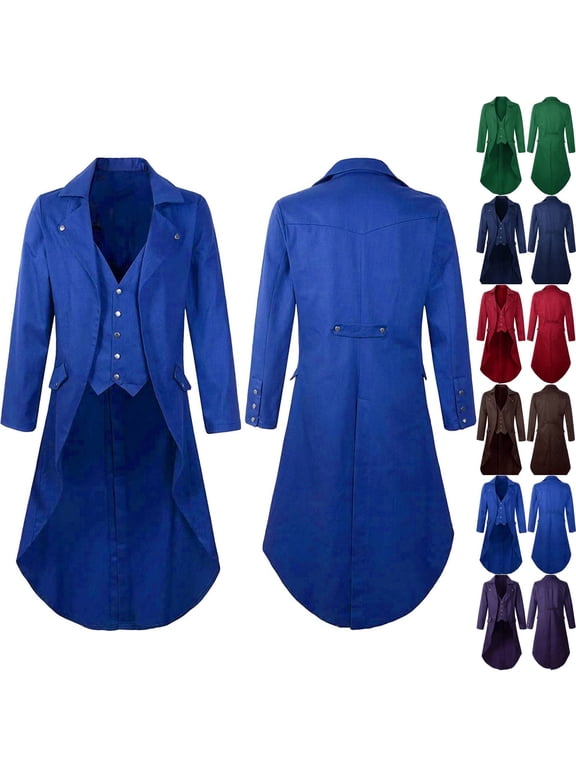Men's Vintage Gothic Medieval Steampunk Long Tailcoat Jacket Victorian Frock Button Down Swallow Coat Uniform Blue 2XL
