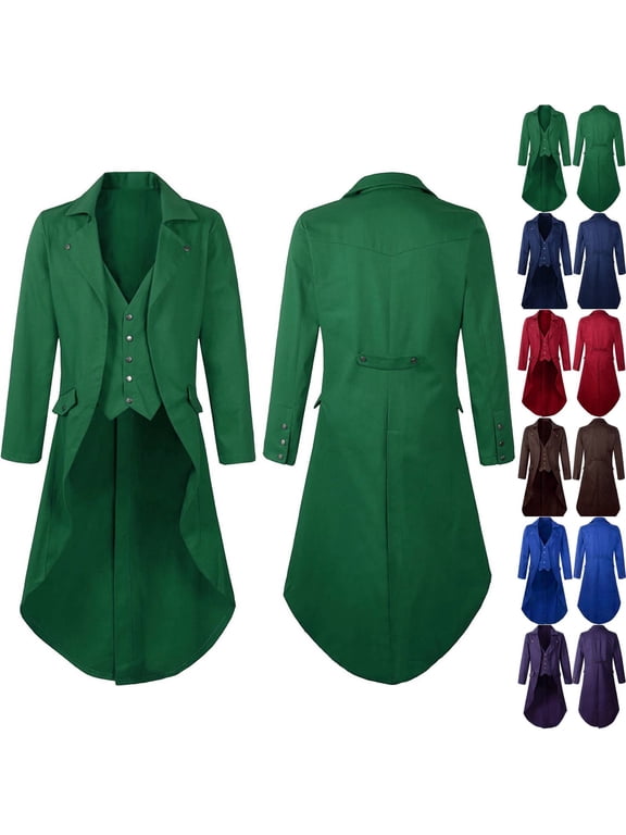 Men's Vintage Gothic Medieval Steampunk Long Tailcoat Jacket Victorian Frock Button Down Swallow Coat Uniform Green XL