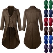 Mens Vintage Gothic Medieval Steampunk Long Tailcoat Jacket Victorian Frock Button Down Swallow Coat Uniform Light Brown S