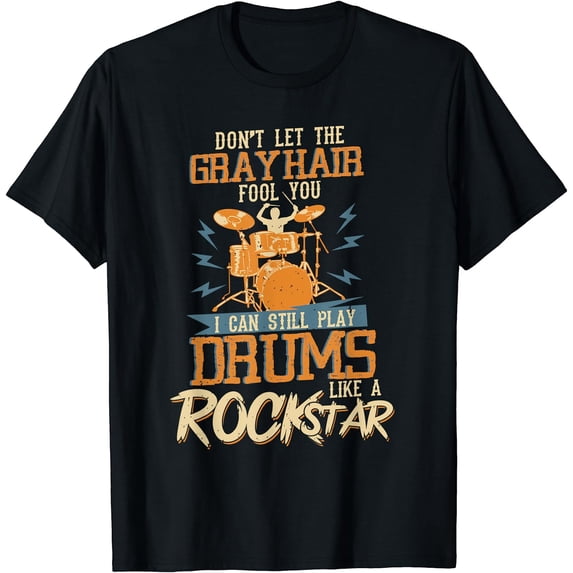 Men's Vintage Graphic Gray Hair Drummer Rockstar Drums T-Shirt