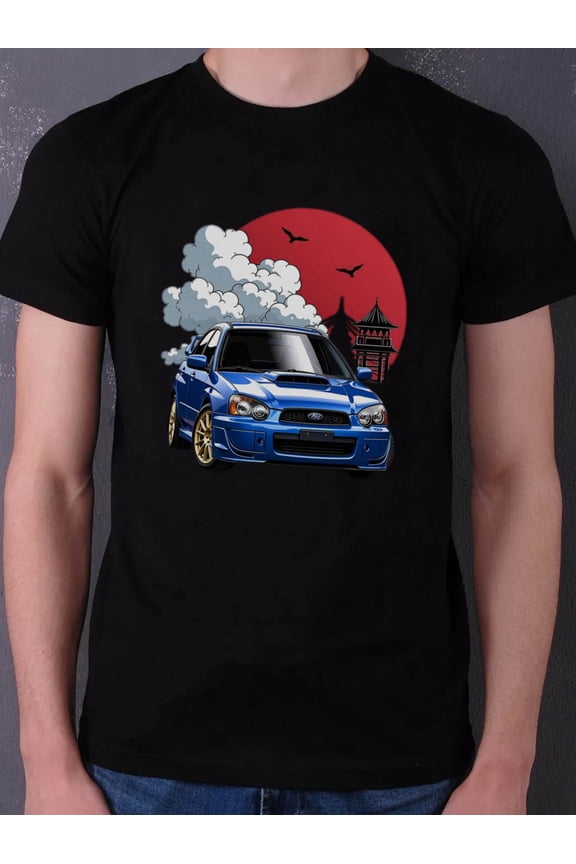 Men's Vintage Graphic Tee - Drift Racing & JDM Car Design with Pagoda, Smoke & Blue Stripe on Stretchy Cotton Oversized T-Shirt for Casual Wear