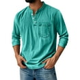 thumbnail image 1 of Men's Vintage Henley Shirt Distressed Long Sleeve Button Down Stand Collar T Shirt Classic Retro Washed Denim Pullover Tops with Chest Pockets Green M, 1 of 4