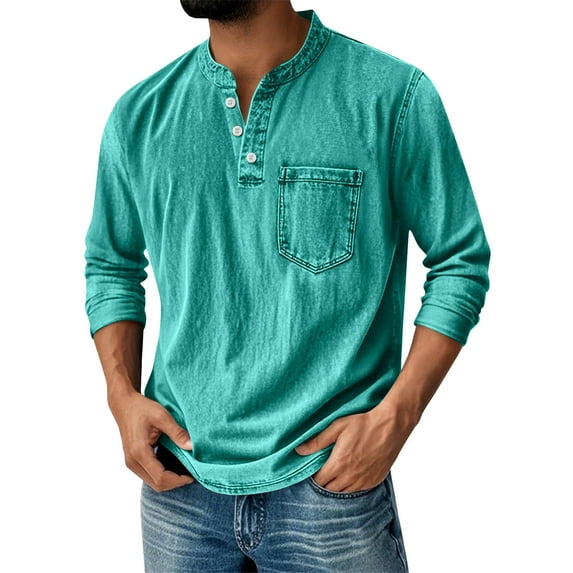 Men's Vintage Henley Shirt Distressed Long Sleeve Button Down Stand Collar T Shirt Classic Retro Washed Denim Pullover Tops with Chest Pockets Green XXL
