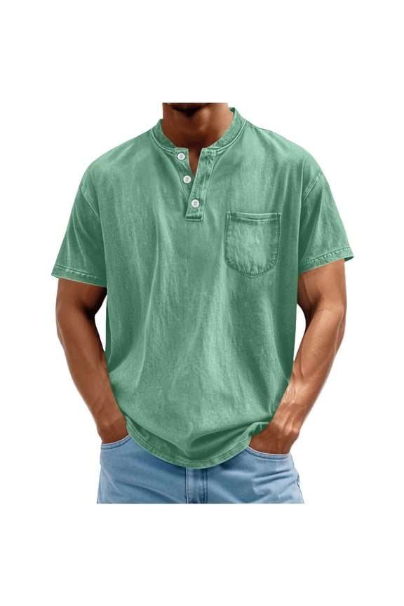 Men's Vintage Henley Shirt Short Sleeve Washed Tee 3 Button Band Collar Lightweight Breathable Casual Tops for Vacation with Pocket