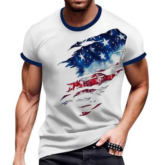 Men's Vintage Henry Neck T-Shirt, Long Sleeve Button-Up Top with Independence Day Print for Outdoor Adventures ,Dark Blue L