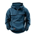 thumbnail image 1 of Men's Vintage Hooded Long Sleeve Quarter Zip Front Pockets Casual Loose Cargo Sweatshirts Solid Workout Gym Outdoor Jackets Blue,2XL, 1 of 5