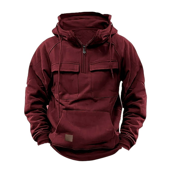 Men's Vintage Hooded Long Sleeve Quarter Zip Front Pockets Casual Loose Cargo Sweatshirts Solid Workout Gym Outdoor Jackets Wine,XL