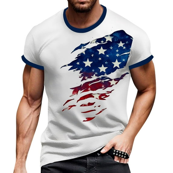 Men's Vintage-Inspired Button-Up Polo Shirt, Short Sleeve Top with Patriotic Stars Print for Summer ,Light Blue 2XL