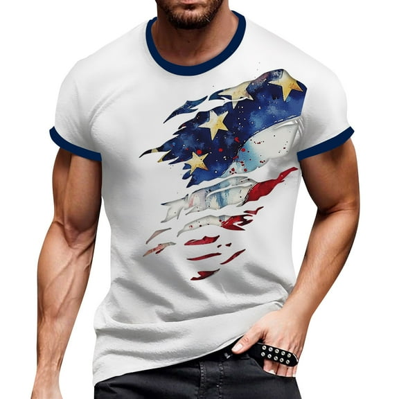 Men's Vintage-Inspired Short Sleeve Tee, Independence Day Flag Print with Tagless Comfort Collar ,Navy M