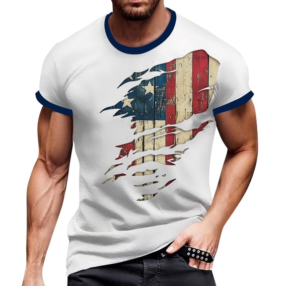 Men's Vintage-Inspired Short Sleeve Tee, Independence Day Flag Print with Tagless Comfort Collar ,Red M