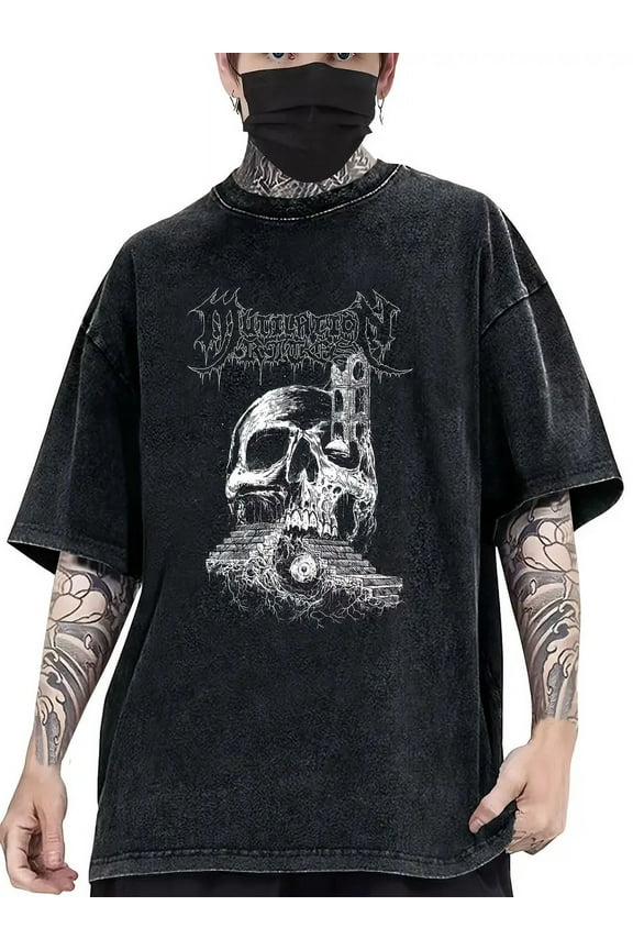 Men's Vintage-Inspired Skull & Castle Graphic T-Shirt - 102% Cotton, Distressed Black Crew Neck Tee with Gothic Letter Print, Casual Streetwear for Summer, Summer Clothing
