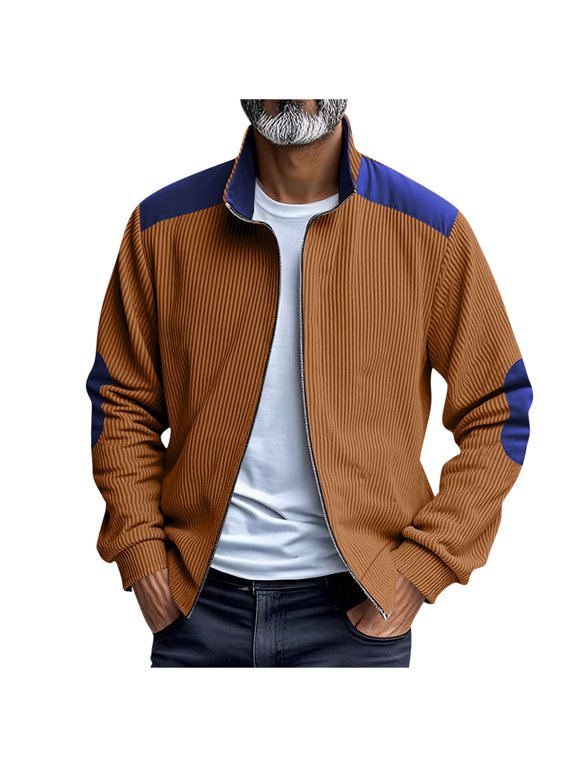 Men's Vintage Jacket Ribbed Color Block Zip Up Casual Turtleneck Jacket Overcoat For Fall Autumn Work Father