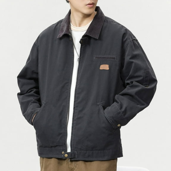 Men's Vintage Jackets Zipper up Work Jacket Long Sleeve Turn-Down Collar Cargo Coat Fashion Streetwear Gray M