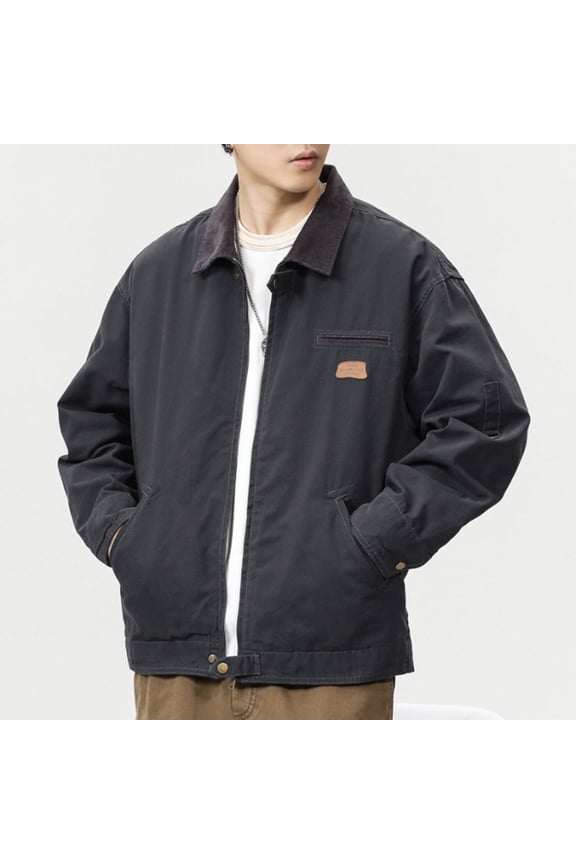 Men's Vintage Jackets Zipper up Work Jacket Long Sleeve Turn-Down Collar Cargo Coat Fashion Streetwear Gray XXL